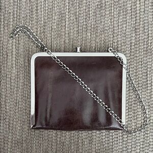 HOBO International Chocolate Brown Leather Framed Clutch with Shoulder Chain